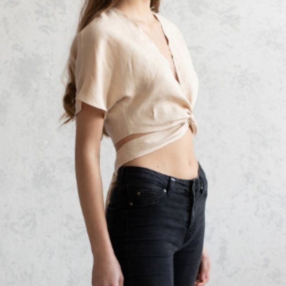 Pink Linen Wrap Crop Top - Picture 3 of 6
